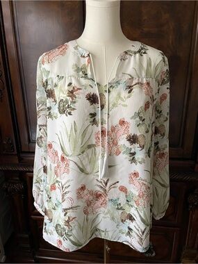 Chico’s Size 2 L Botanical Floral Tunic Blouse Tassel Desert Boho 3/4 Sleeve